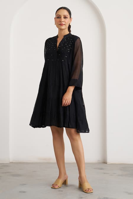 Buy_Vaaya_Black Chanderi Sequins Split V-neck The Twilight Dress _Online_at_Aza_Fashions