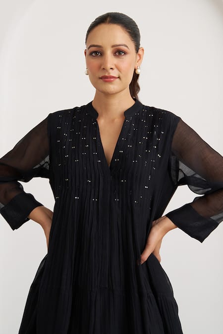 Shop_Vaaya_Black Chanderi Sequins Split V-neck The Twilight Dress _Online_at_Aza_Fashions