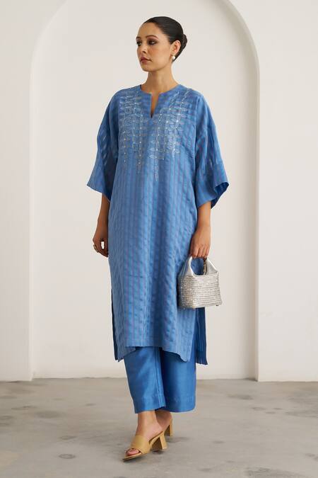 Buy_Vaaya_Blue Silk, Silk, Embroidery Split V-neck Kaftan With Pant _Online_at_Aza_Fashions