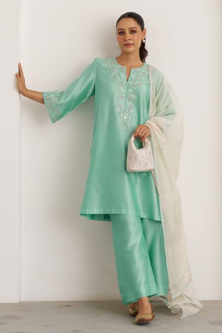 Shop_Vaaya_Aqua Silk, Silk, Embroidery Split V-neck Kurta Set 