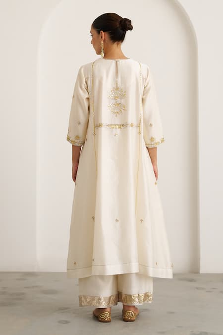 Shop_Vaaya_Ivory Silk, Silk, Gota Patti, Embroidery, Kurta With Pant _at_Aza_Fashions