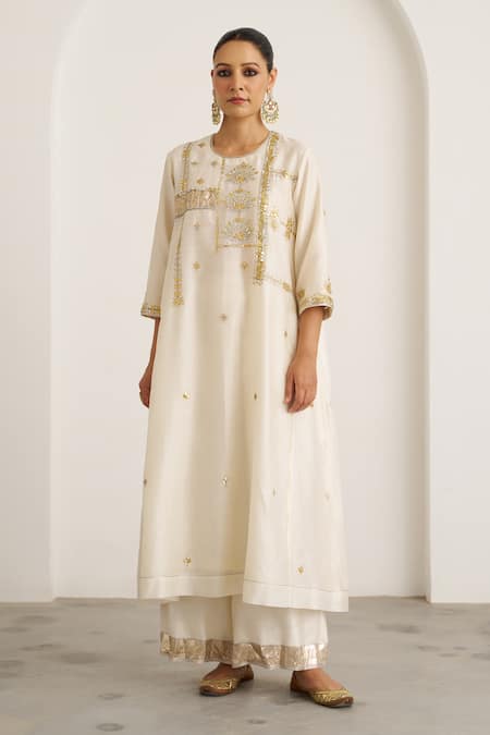 Shop_Vaaya_Ivory Silk, Silk, Gota Patti, Embroidery, Kurta With Pant _Online_at_Aza_Fashions