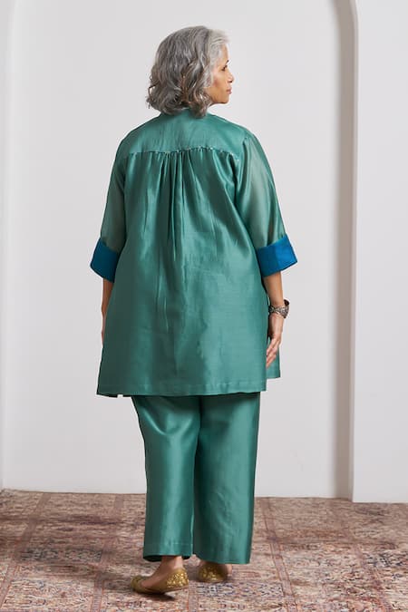 Shop_Vaaya_Teal Silk, Silk, Embroidery Pinstripe Pattern Kurta With Pant _at_Aza_Fashions