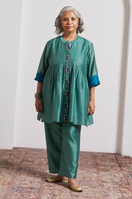 Buy_Vaaya_Teal Silk, Silk, Embroidery Pinstripe Pattern Kurta With Pant _Online_at_Aza_Fashions