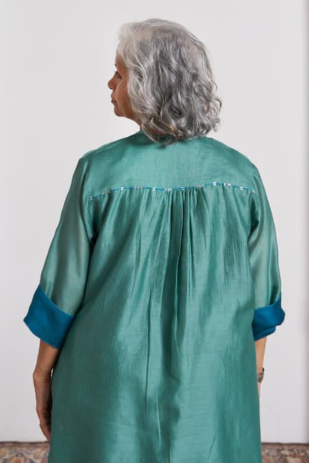 Shop_Vaaya_Teal Silk, Silk, Embroidery Pinstripe Pattern Kurta With Pant _Online_at_Aza_Fashions