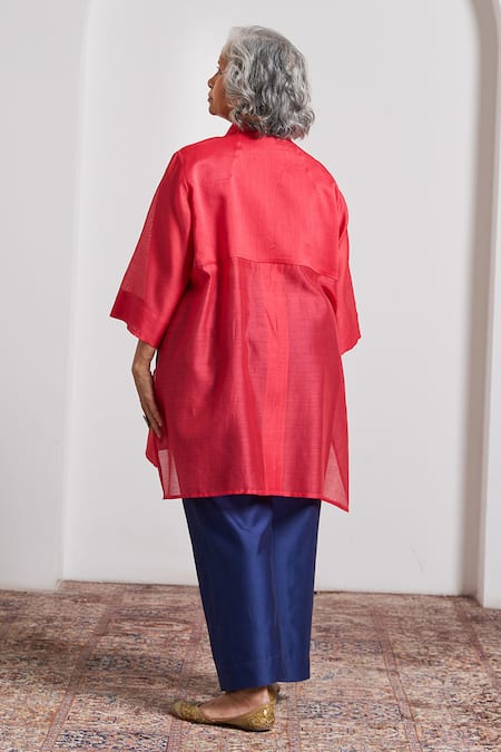 Shop_Vaaya_Red Chanderi Silk Embroidery, Mirrors Mandarin Watermelon Striped Anti-fit Top _at_Aza_Fashions