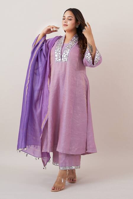 Buy_Vaaya_Lavender , Chanderi, Organza Gota Patti, Mirrors Embroidered Kurta Set _Online_at_Aza_Fashions