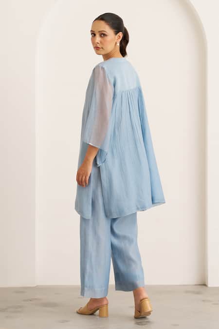 Shop Vaaya Sky Blue Chanderi Embroidery, Sequins V-neck Mul Kurta With Pant at Aza Fashions Shop_Vaaya_Sky Blue Chanderi Embroidery, Sequins V-neck Mul Kurta With Pant _at_Aza_Fashions