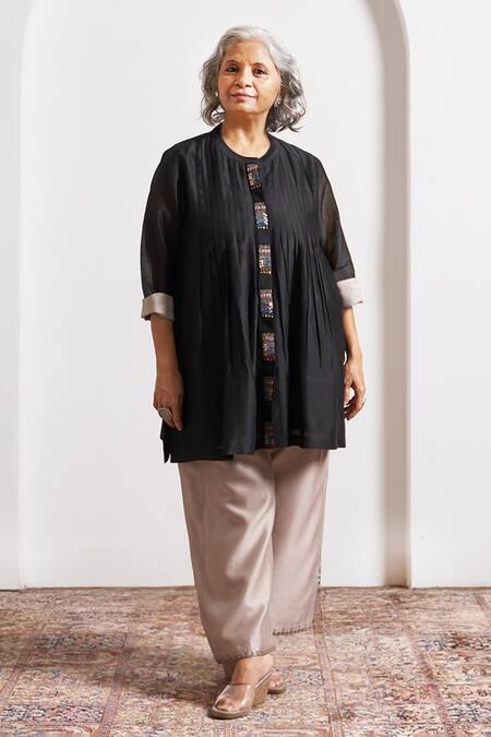 Vaaya_Black Chanderi Silk Embroidery, Beads Round Neck Ink Top _Online_at_Aza_Fashions