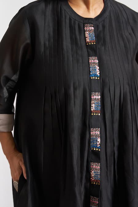 Buy_Vaaya_Black Chanderi Silk Embroidery, Beads Round Neck Ink Top _Online_at_Aza_Fashions