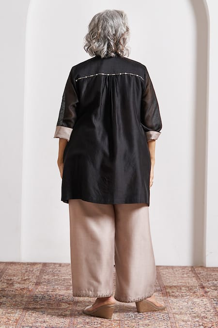 Shop_Vaaya_Black Chanderi Silk Embroidery, Beads Round Neck Ink Top _at_Aza_Fashions