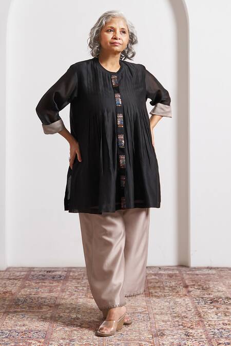 Shop_Vaaya_Black Chanderi Silk Embroidery, Beads Round Neck Ink Top _Online_at_Aza_Fashions