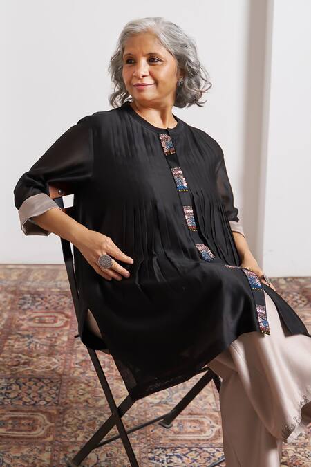 Vaaya_Black Chanderi Silk Embroidery, Beads Round Neck Ink Top _at_Aza_Fashions