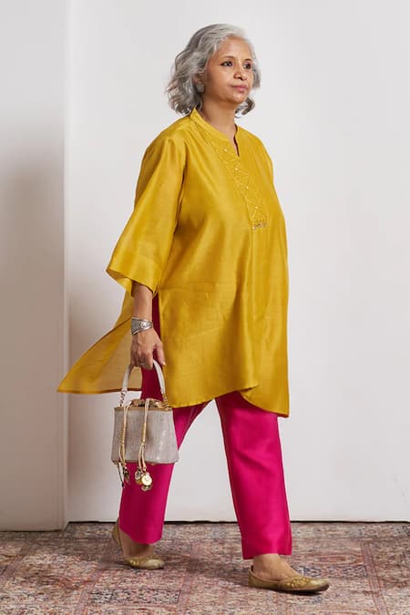 Buy_Vaaya_Yellow Chanderi, Silk Embroidery, Mirrors Mandarin Collar, Split Sarson Top _Online_at_Aza_Fashions