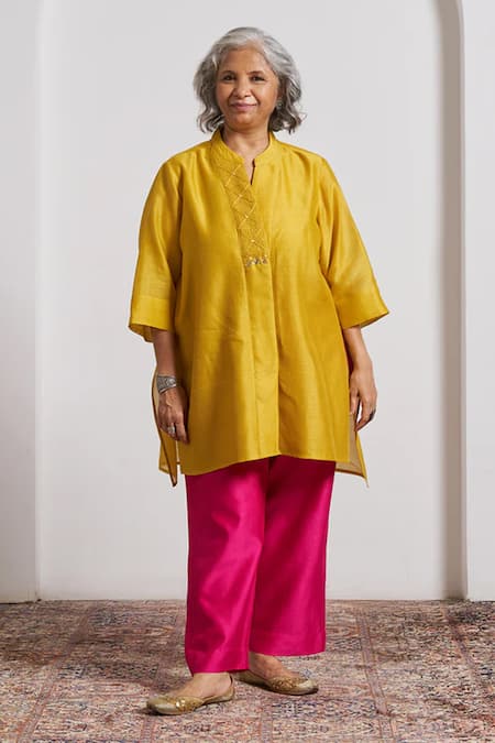 Shop_Vaaya_Yellow Chanderi, Silk Embroidery, Mirrors Mandarin Collar, Split Sarson Top _Online_at_Aza_Fashions
