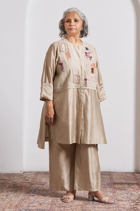 Vaaya_Beige Silk, Chanderi, Hemp Embroidery, Sequins, Patchwork Jacket And Pant Set _Online_at_Aza_Fashions