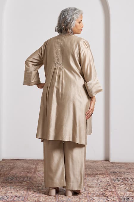 Shop_Vaaya_Beige Silk, Chanderi, Hemp Embroidery, Sequins, Patchwork Jacket And Pant Set _at_Aza_Fashions