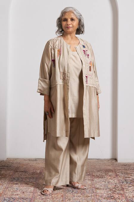 Shop_Vaaya_Beige Silk, Chanderi, Hemp Embroidery, Sequins, Patchwork Jacket And Pant Set _Online_at_Aza_Fashions