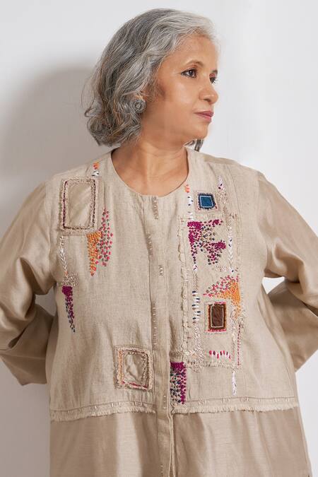 Vaaya_Beige Silk, Chanderi, Hemp Embroidery, Sequins, Patchwork Jacket And Pant Set _at_Aza_Fashions