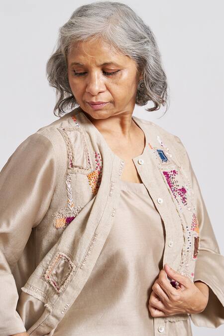 Buy_Vaaya_Beige Silk, Chanderi, Hemp Embroidery, Sequins, Patchwork Jacket And Pant Set 