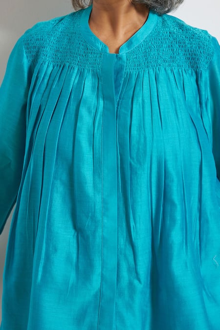 Buy_Vaaya_Blue Chanderi Silk Smocking Split V-neck Ferozi Top _Online_at_Aza_Fashions