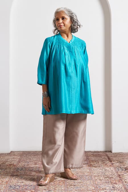 Shop_Vaaya_Blue Chanderi Silk Smocking Split V-neck Ferozi Top _Online_at_Aza_Fashions