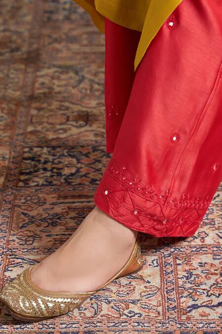 Shop_Vaaya_Yellow Chanderi Silk Embroidery, Sequins Round Neck Sarson Kurta _Online_at_Aza_Fashions