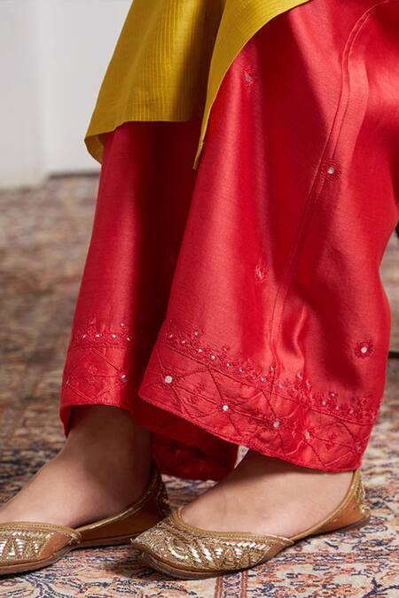 Vaaya_Red Chanderi Silk Embroidery, Mirrors Pant _Online_at_Aza_Fashions