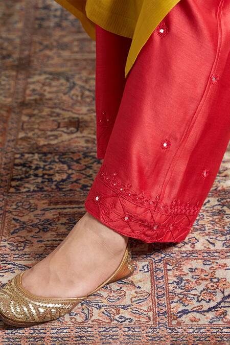 Buy_Vaaya_Red Chanderi Silk Embroidery, Mirrors Pant _Online_at_Aza_Fashions