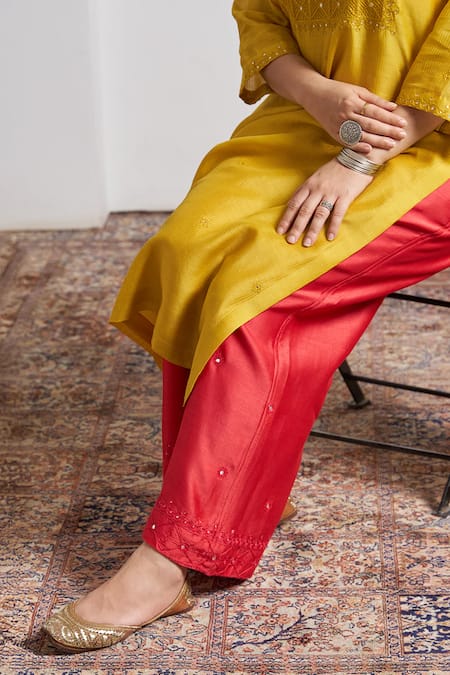 Shop_Vaaya_Red Chanderi Silk Embroidery, Mirrors Pant _at_Aza_Fashions