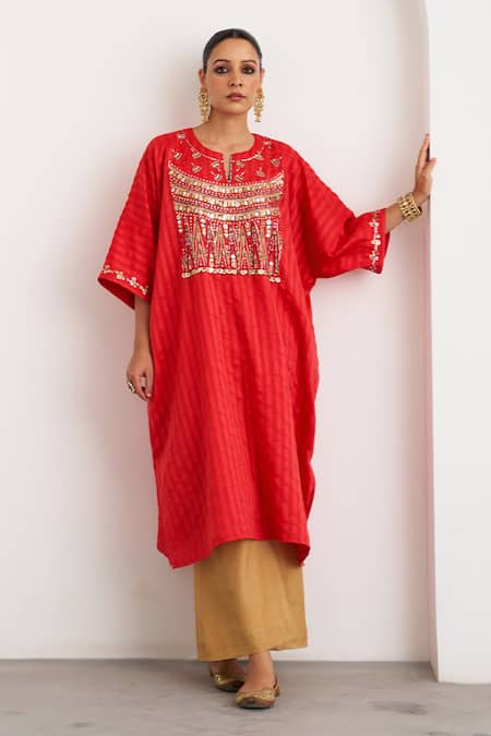 Vaaya Watermelon Red Silk Chanderi Kurta 