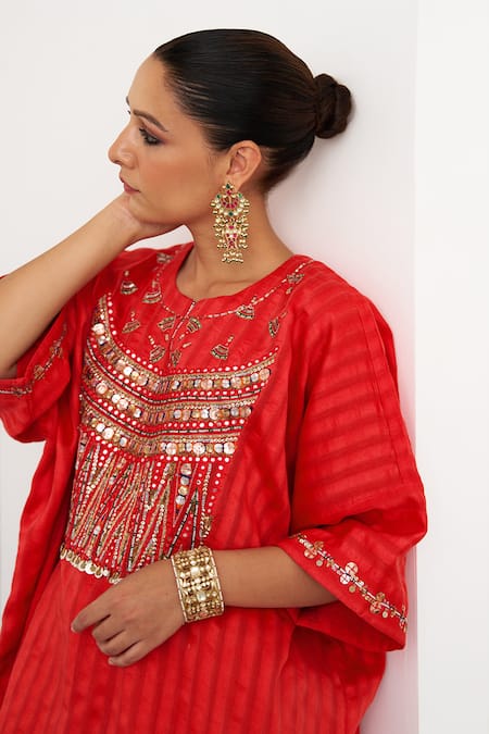 Vaaya_Red Chanderi Silk Embroidery, Sequins, Beads Round Neck Watermelon Kurta _Online_at_Aza_Fashions