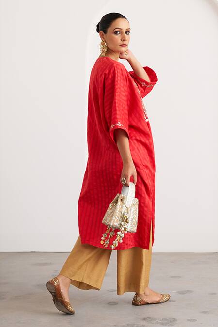 Buy_Vaaya_Red Chanderi Silk Embroidery, Sequins, Beads Round Neck Watermelon Kurta _Online_at_Aza_Fashions