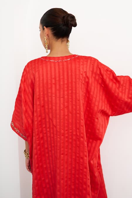 Shop_Vaaya_Red Chanderi Silk Embroidery, Sequins, Beads Round Neck Watermelon Kurta _at_Aza_Fashions