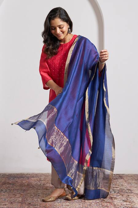 Vaaya_Blue Chanderi Silk Tassels Handwoven Dupatta _Online_at_Aza_Fashions