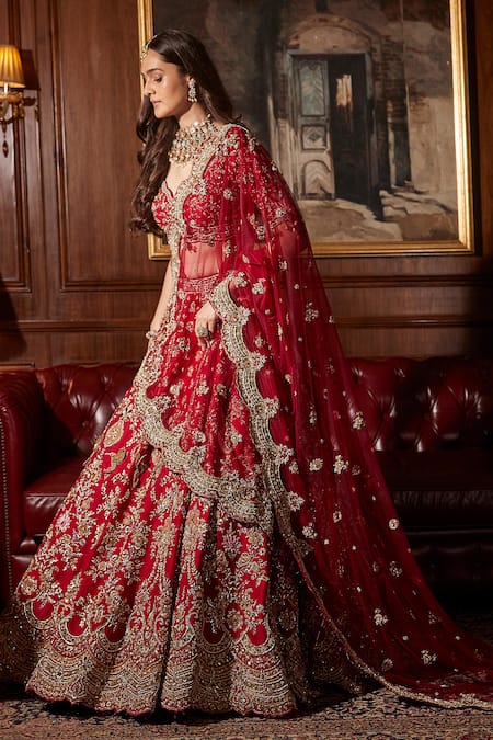 Roqa_Red Silk, Net Embroidery, Sequins, Zari V-neck Zinah Bridal Lehenga Set _Online_at_Aza_Fashions