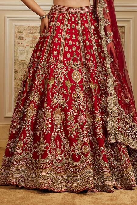 Shop_Roqa_Red Silk, Net Embroidery, Sequins, Zari V-neck Zinah Bridal Lehenga Set _Online_at_Aza_Fashions