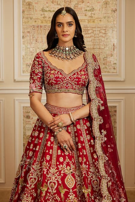 Roqa_Red Silk, Net Embroidery, Sequins, Zari V-neck Zinah Bridal Lehenga Set _at_Aza_Fashions