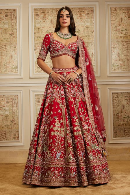 Roqa Red Silk, Net Embroidery, Sequins, Zari Sweetheart Maysa Bridal Lehenga Set 