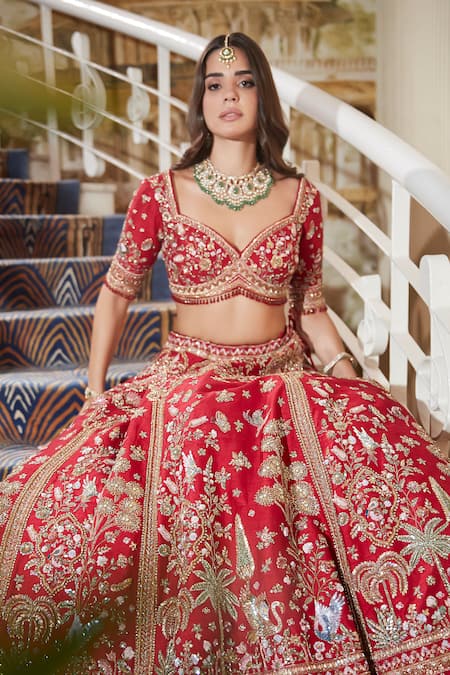 Buy_Roqa_Red Silk, Net Embroidery, Sequins, Zari Sweetheart Maysa Bridal Lehenga Set _Online_at_Aza_Fashions