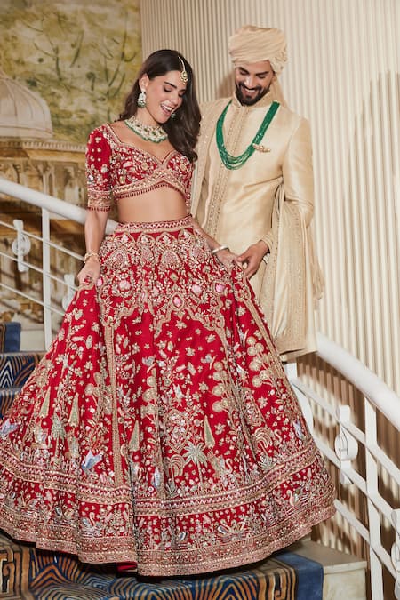 Shop_Roqa_Red Silk, Net Embroidery, Sequins, Zari Sweetheart Maysa Bridal Lehenga Set _Online_at_Aza_Fashions