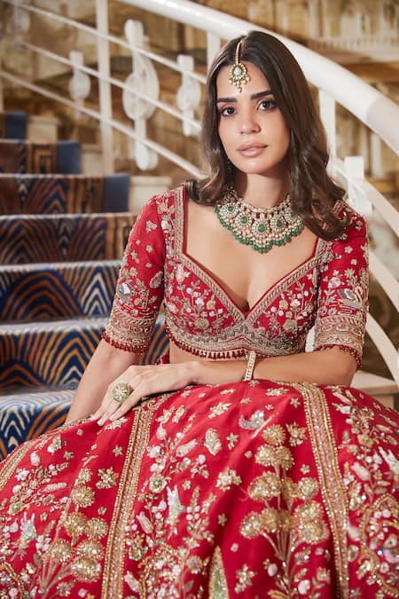 Roqa_Red Silk, Net Embroidery, Sequins, Zari Sweetheart Maysa Bridal Lehenga Set _at_Aza_Fashions