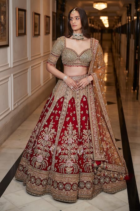 Roqa Red Net Embroidery, Sequins, Zari Sweetheart Neck Noura Bridal Lehenga Set 