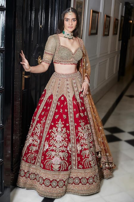 Buy_Roqa_Red Net Embroidery, Sequins, Zari Sweetheart Neck Noura Bridal Lehenga Set _Online_at_Aza_Fashions