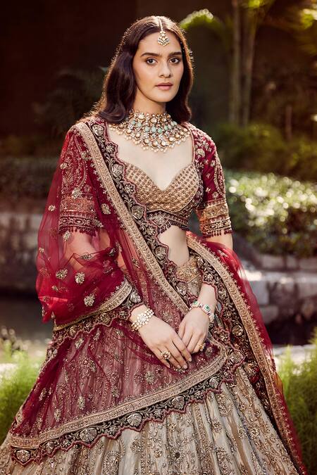 Roqa_Gold Tissue, Silk, Net Embroidery, Zari Sweetheart Haneen Bridal Lehenga Set_Online_at_Aza_Fashions