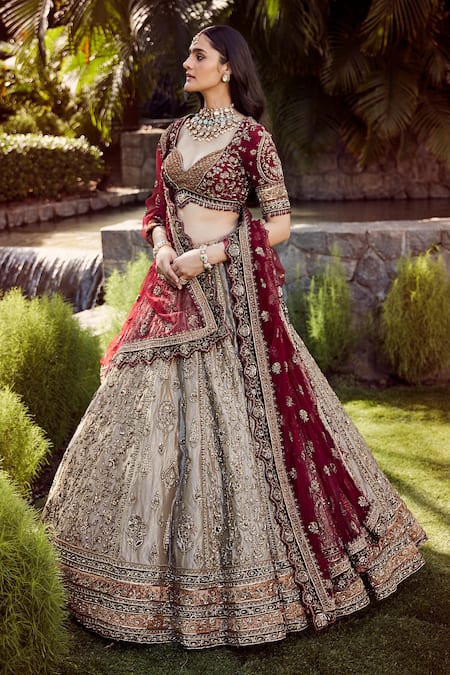 Roqa Gold Tissue, Silk, Net Embroidery, Zari Sweetheart Haneen Bridal Lehenga Set 