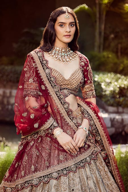 Shop_Roqa_Gold Tissue, Silk, Net Embroidery, Zari Sweetheart Haneen Bridal Lehenga Set_Online_at_Aza_Fashions