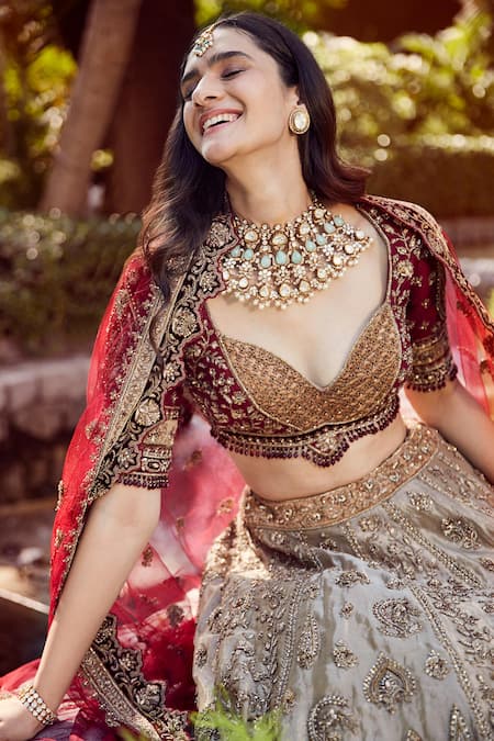 Roqa_Gold Tissue, Silk, Net Embroidery, Zari Sweetheart Haneen Bridal Lehenga Set_at_Aza_Fashions