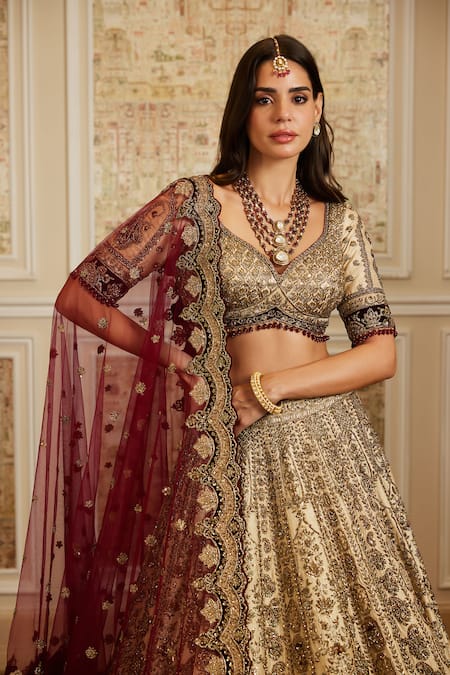 Roqa_Gold Silk, Net Embroidery, Zari, Sequins V-neck Mahran Bridal Lehenga Set_Online_at_Aza_Fashions