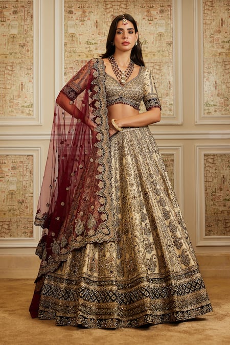 Roqa Gold Silk, Net Embroidery, Zari, Sequins V-neck Mahran Bridal Lehenga Set 